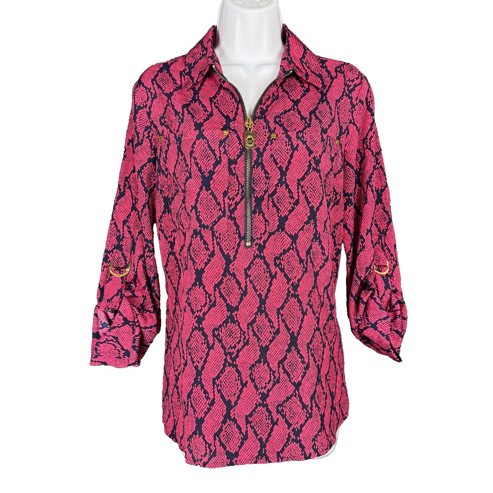 MICHAEL KORS Pink Black Python Snakeskin Print Zip Front Blouse Women Sz S